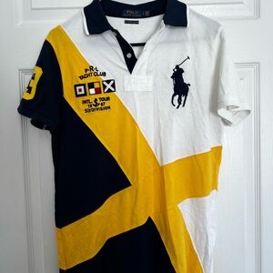 Polo by Ralph Lauren Men's White, Navy, and Yellow Polo Shirt